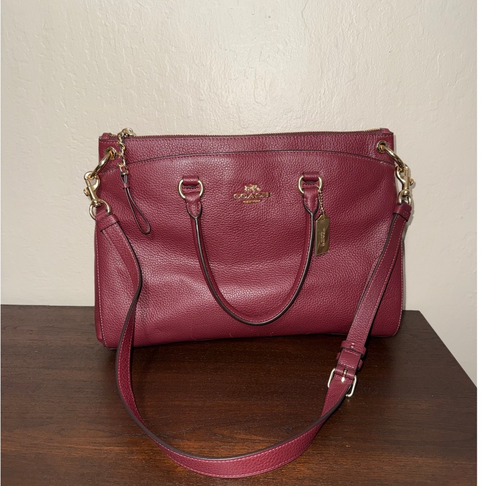 Coach Pebble Leather Satchel Burgundy‎ Gold Hardware Top Handle Crossbody Bag